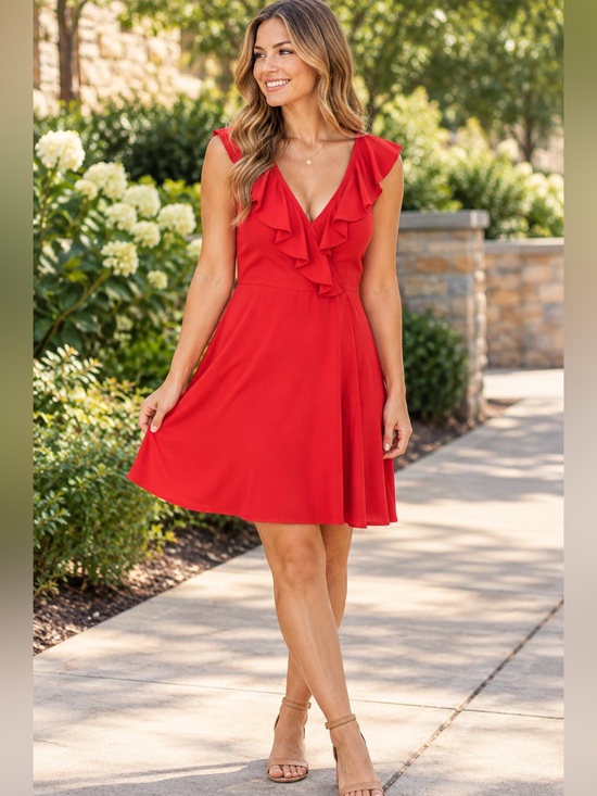 Altar'd State Dresses & Skirts - Altar’d State Red Ruffle V-Neck Fit & Flare Dress Size L
